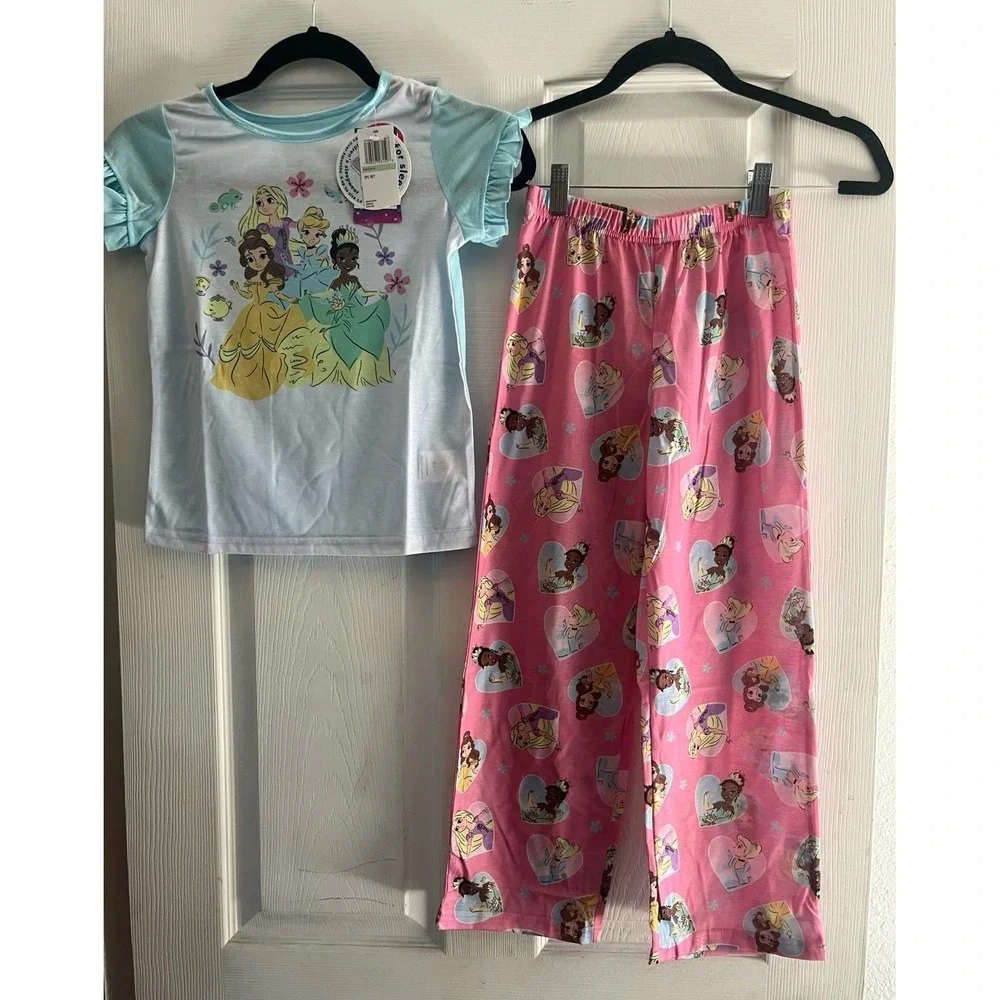 Disney Princess Girls 3-Piece Pajama Set Top Shorts Pants Pink Blue Size 8 NWT
